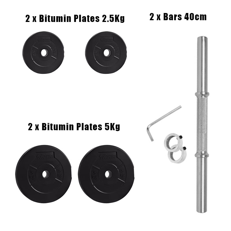 Dumbbells – 2 Bars, 2 Bitumin Plates of 2.5kg, 2 Bitumin Plates of 5kg